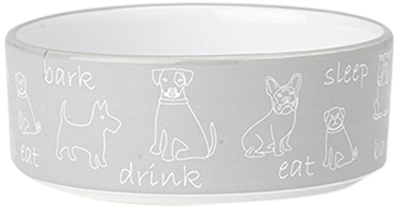 PetRageous 11017 Playful Pet Eat Drink Bark Stoneware Dog Bowl 5-Inch Diameter and 2-Inch Tall Bowl with 2-Cup Capacity and Dishwasher and Microwave Safe for Small and Medium Dogs, Gray and White